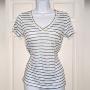 J. Crew Blue and Cream Striped Linen V-Neck Tee Size XXS